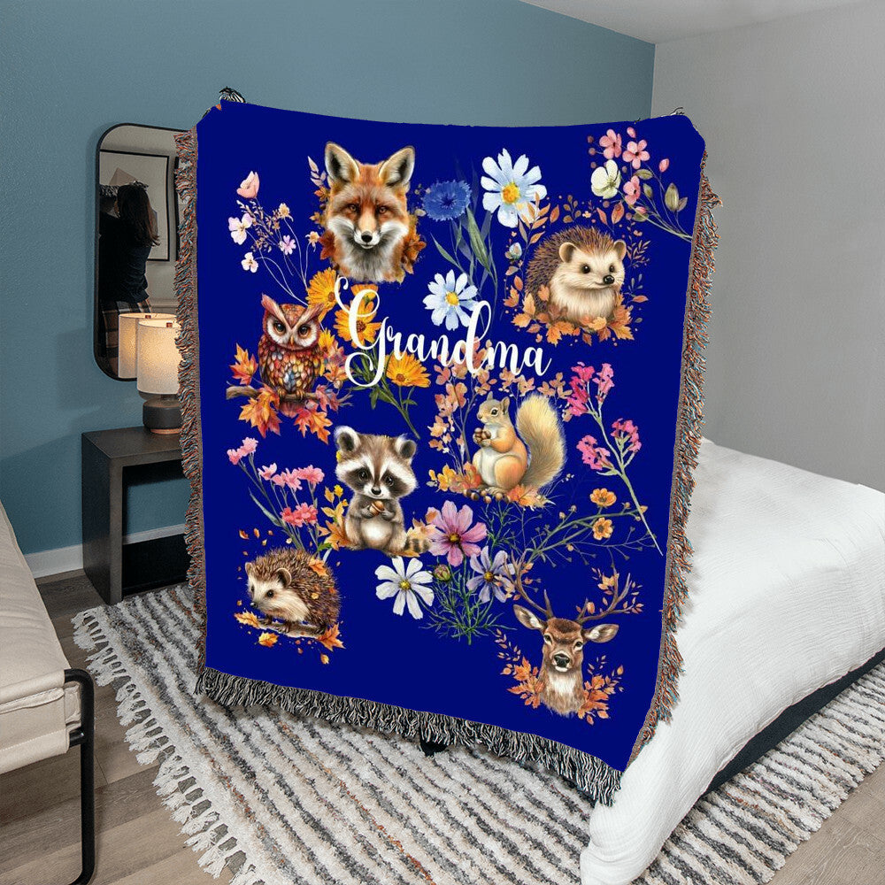 Wild Flowers and Woodland animals-A great gift for Grandma or any family member-Personalized this unique keepsake with our Heirloom Artwork Woven Blanket 27