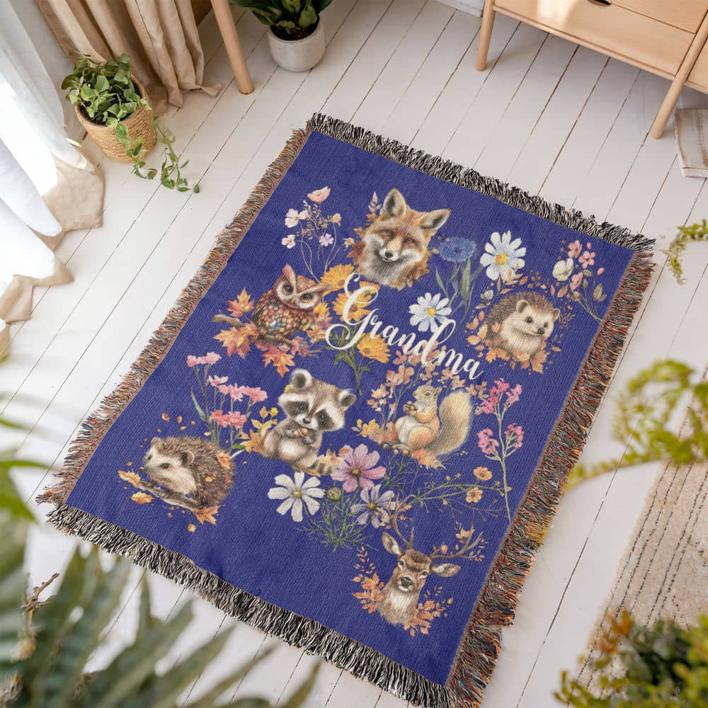 Wild Flowers and Woodland animals-A great gift for Grandma or any family member-Personalized this unique keepsake with our Heirloom Artwork Woven Blanket 27