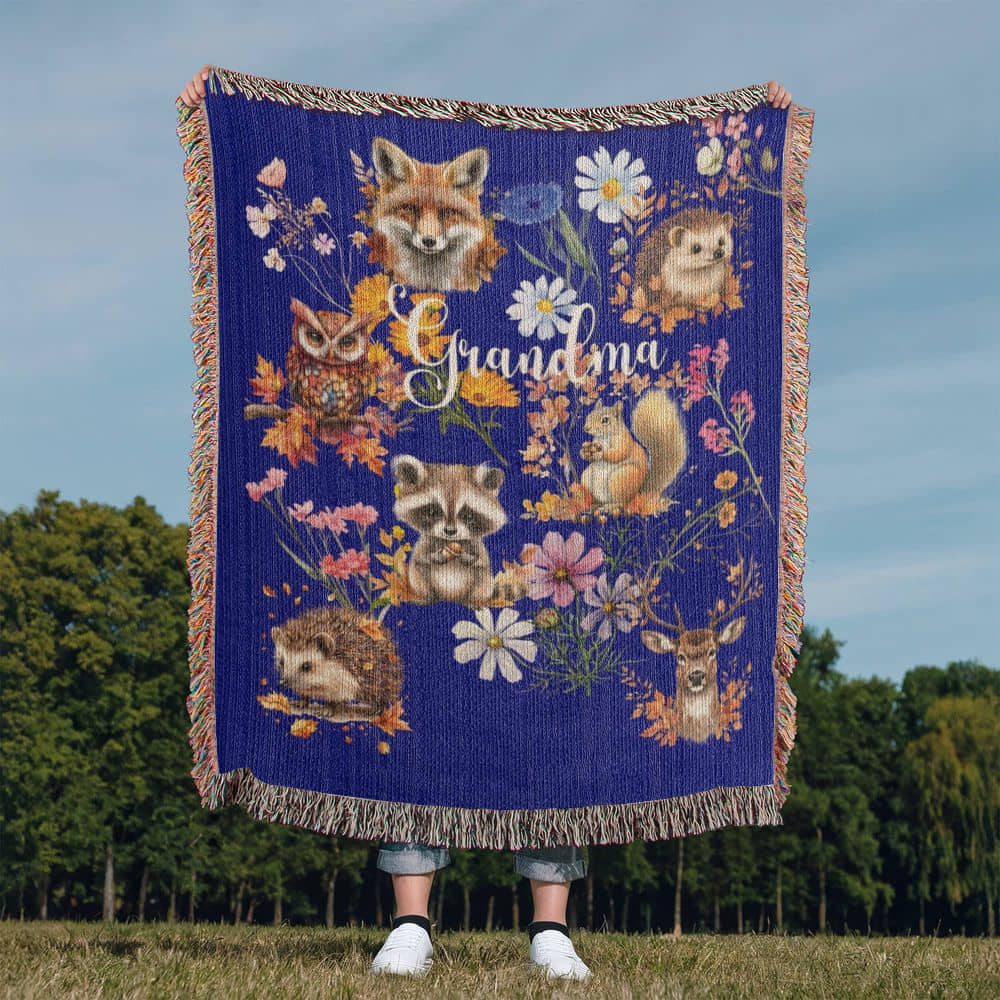 Wild Flowers and Woodland animals-A great gift for Grandma or any family member-Personalized this unique keepsake with our Heirloom Artwork Woven Blanket 27
