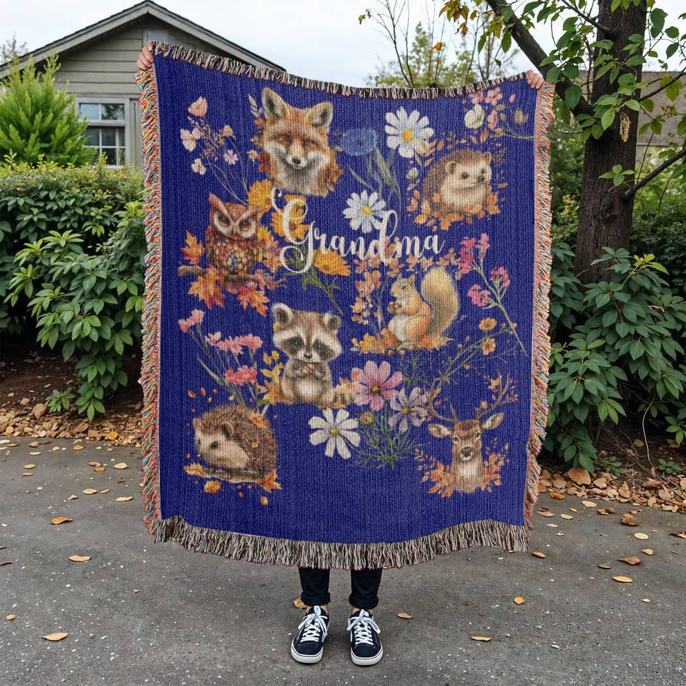 Wild Flowers and Woodland animals-A great gift for Grandma or any family member-Personalized this unique keepsake with our Heirloom Artwork Woven Blanket 27