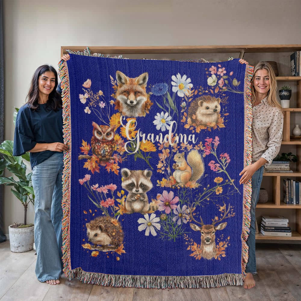 Wild Flowers and Woodland animals-A great gift for Grandma or any family member-Personalized this unique keepsake with our Heirloom Artwork Woven Blanket 27