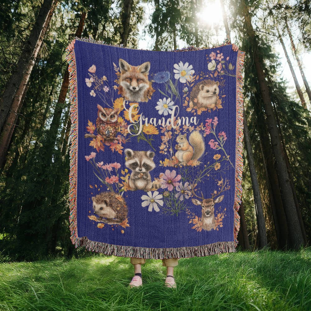 Wild Flowers and Woodland animals-A great gift for Grandma or any family member-Personalized this unique keepsake with our Heirloom Artwork Woven Blanket 27
