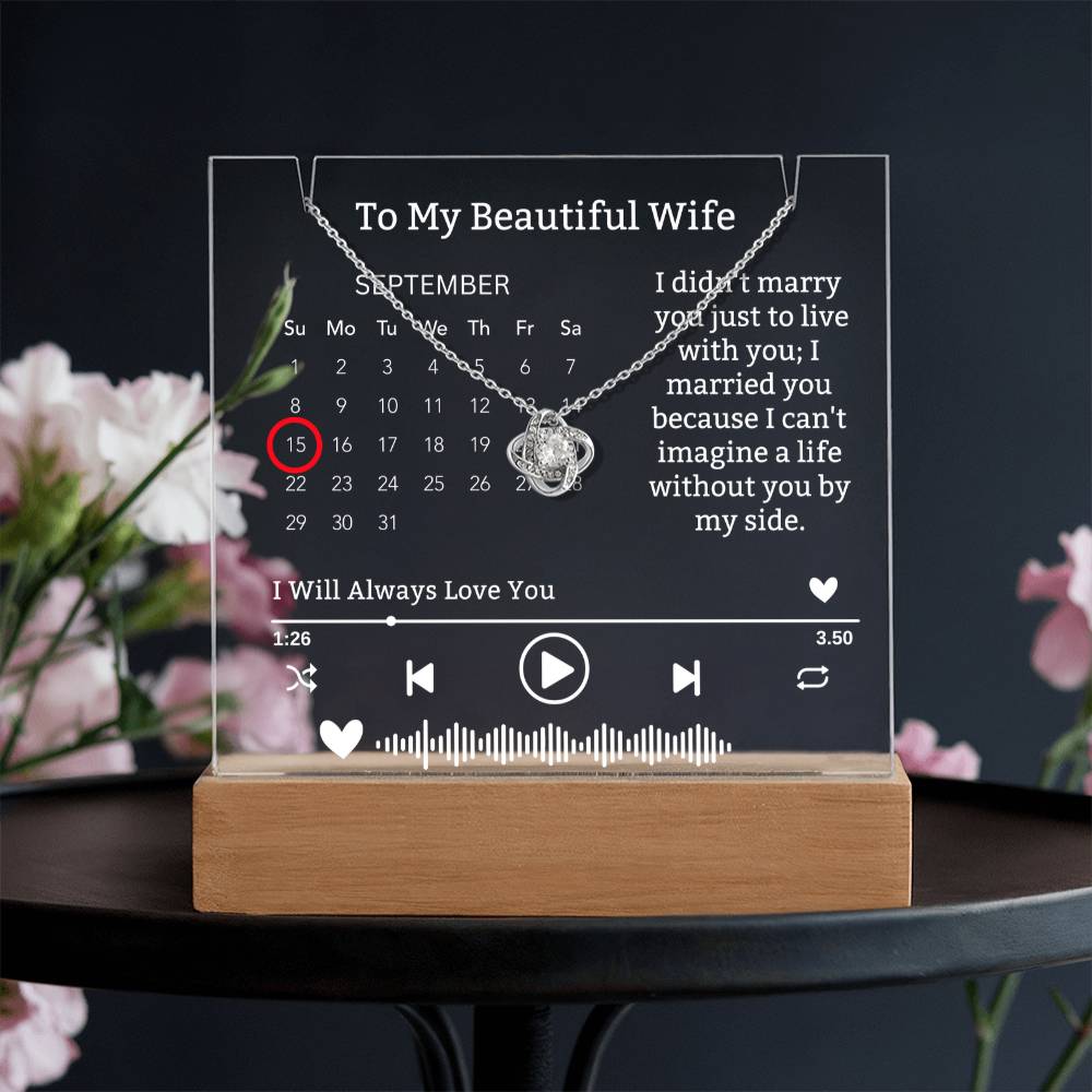 To My Wife-I can't Live Without You-Personalized  Keepsake  Acrylic and Love Knot Necklace 322