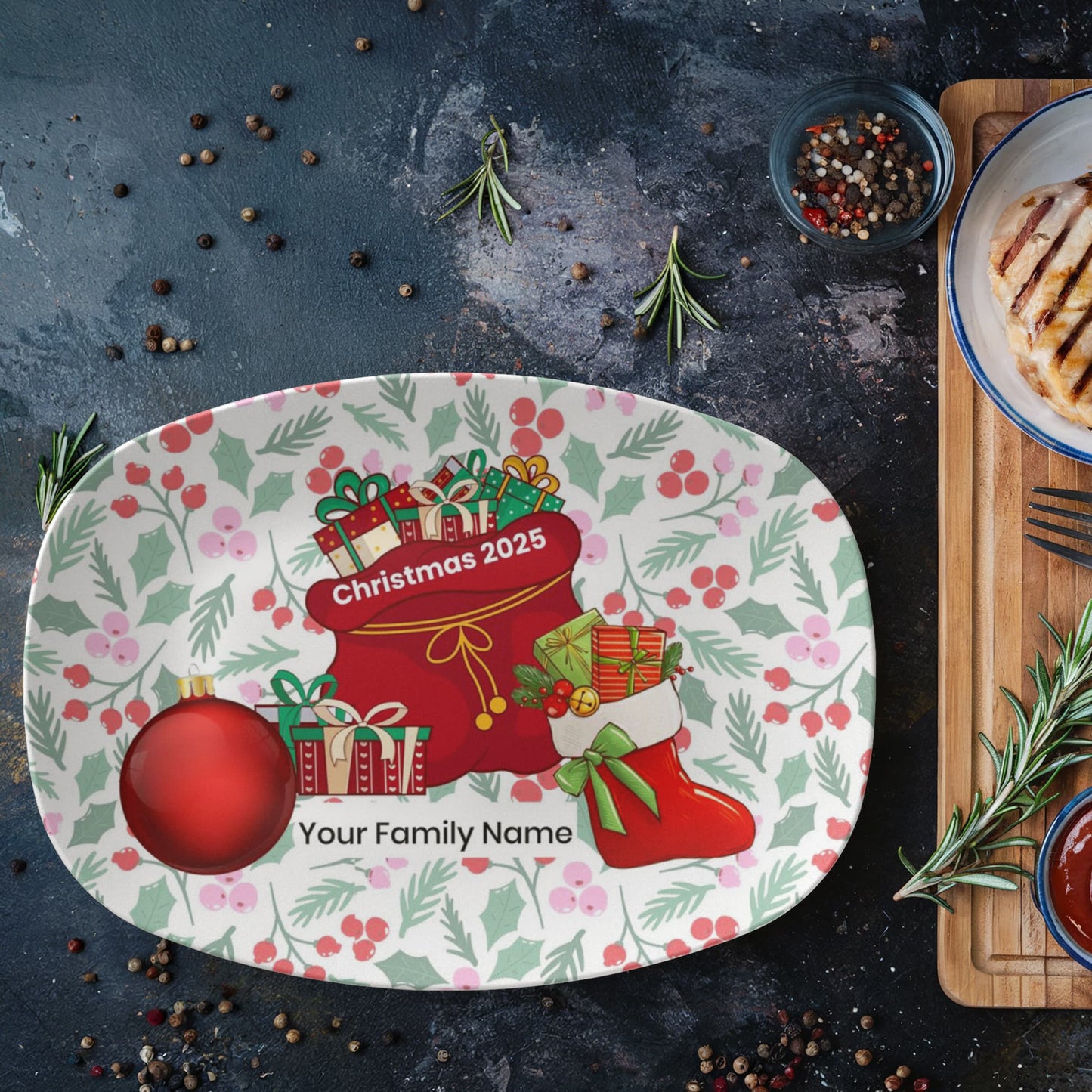 10”x14” Platter-Holiday stocking, ornament and santa's bag