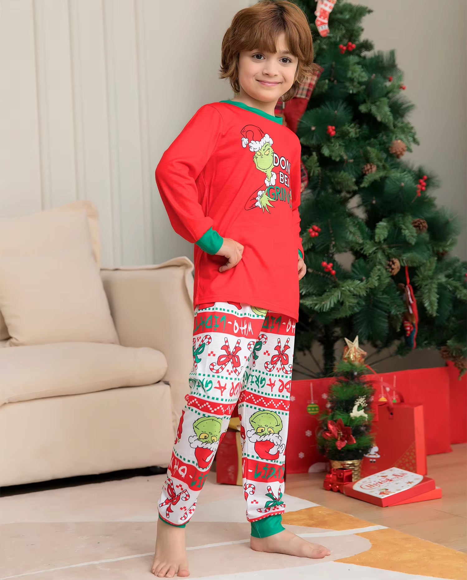 Monster Print Pajama Set Christmas Parent-Child Outfit Long Sleeve Crew Neck Top&