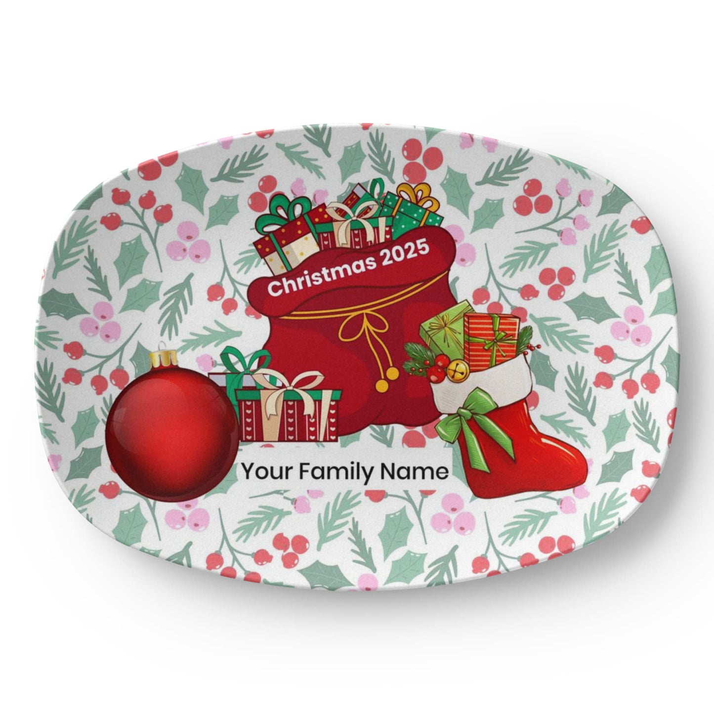 10”x14” Platter-Holiday stocking, ornament and santa's bag
