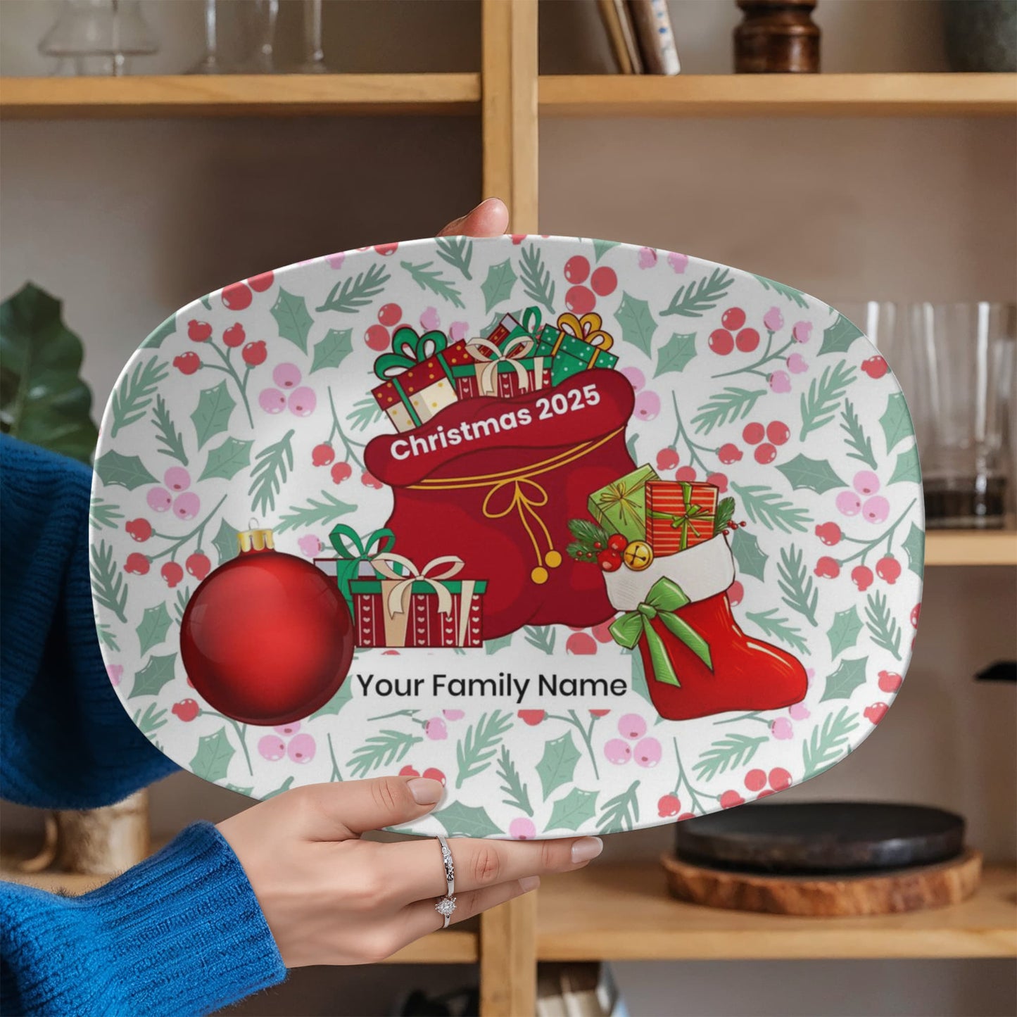 10”x14” Platter-Holiday stocking, ornament and santa's bag