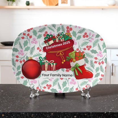 10”x14” Platter-Holiday stocking, ornament and santa's bag