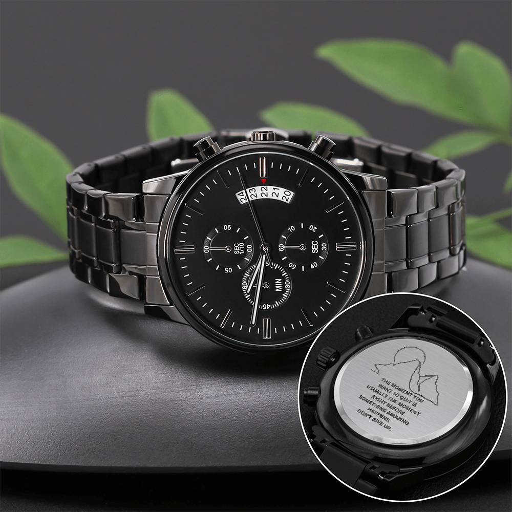 Don't Give Up-Engraved Design Black Chronograph Watch 3