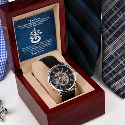 Son-Give the gift of luxury with this handsome and daring timepiece. The Men's Openwork Watch with personalized Message 71