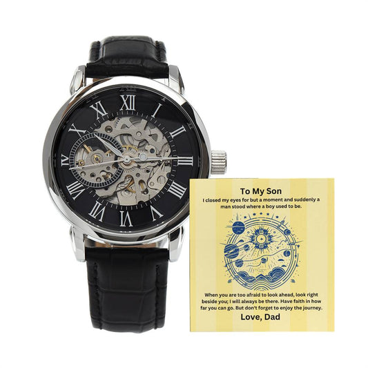 Son-Give the gift of luxury with this handsome and daring timepiece. The Men's Openwork Watch with personalized Message 68