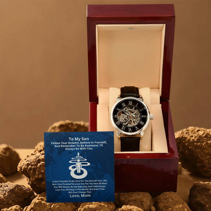 Son-Give the gift of luxury with this handsome and daring timepiece. The Men's Openwork Watch with personalized Message 71