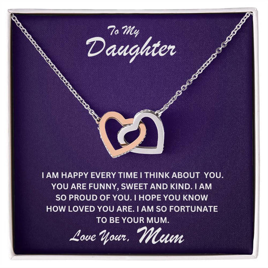 Daughter- Fortunate to be your mum-Interlocking Hearts Necklace - Essential Home Zone Essential Home Zone Polished Stainless Steel & Rose Gold Finish / Standard Box Jewelry Daughter- Fortunate to be your mum-Interlocking Hearts Necklace