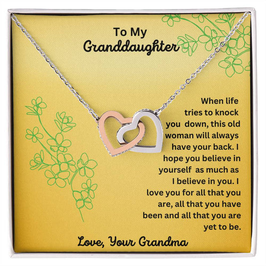 Granddaughter- Always have your back-Interlocking Hearts Necklace - Essential Home Zone Essential Home Zone Polished Stainless Steel & Rose Gold Finish / Standard Box Jewelry Granddaughter- Always have your back-Interlocking Hearts Necklace