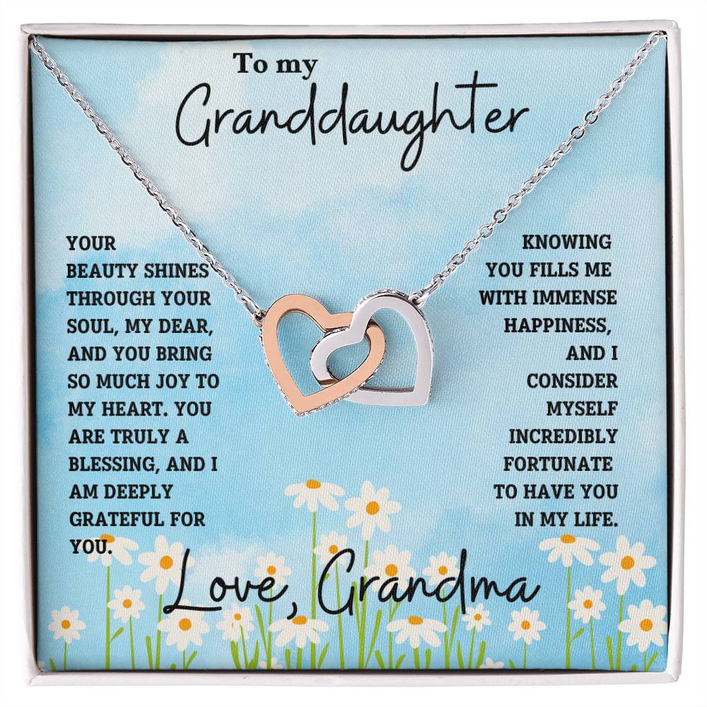 Granddaughter- Beauty shines through -Interlocking Hearts Necklace - Essential Home Zone Essential Home Zone Polished Stainless Steel & Rose Gold Finish / Standard Box Jewelry Granddaughter- Beauty shines through -Interlocking Hearts Necklace