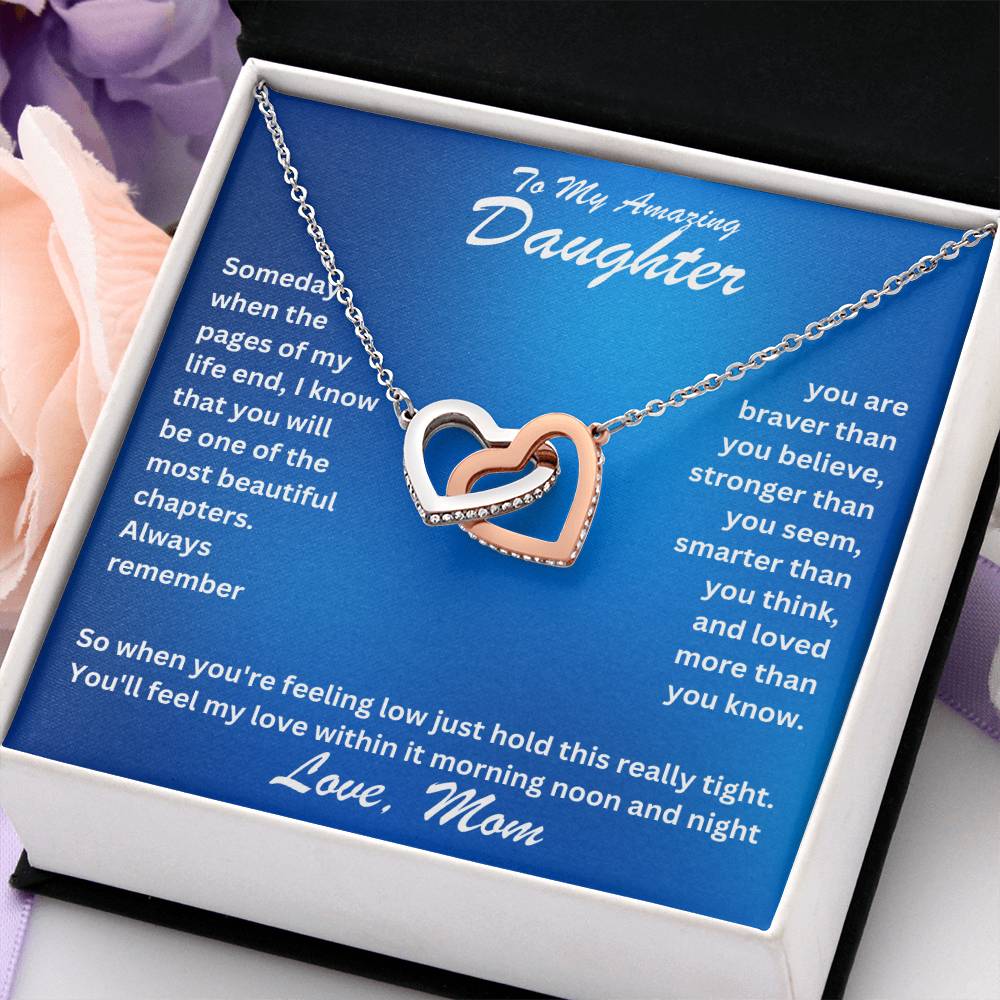 Daughter- Most beautiful chapters -Interlocking Hearts Necklace - Essential Home Zone Essential Home Zone Polished Stainless Steel & Rose Gold Finish / Standard Box Jewelry Daughter- Most beautiful chapters -Interlocking Hearts Necklace