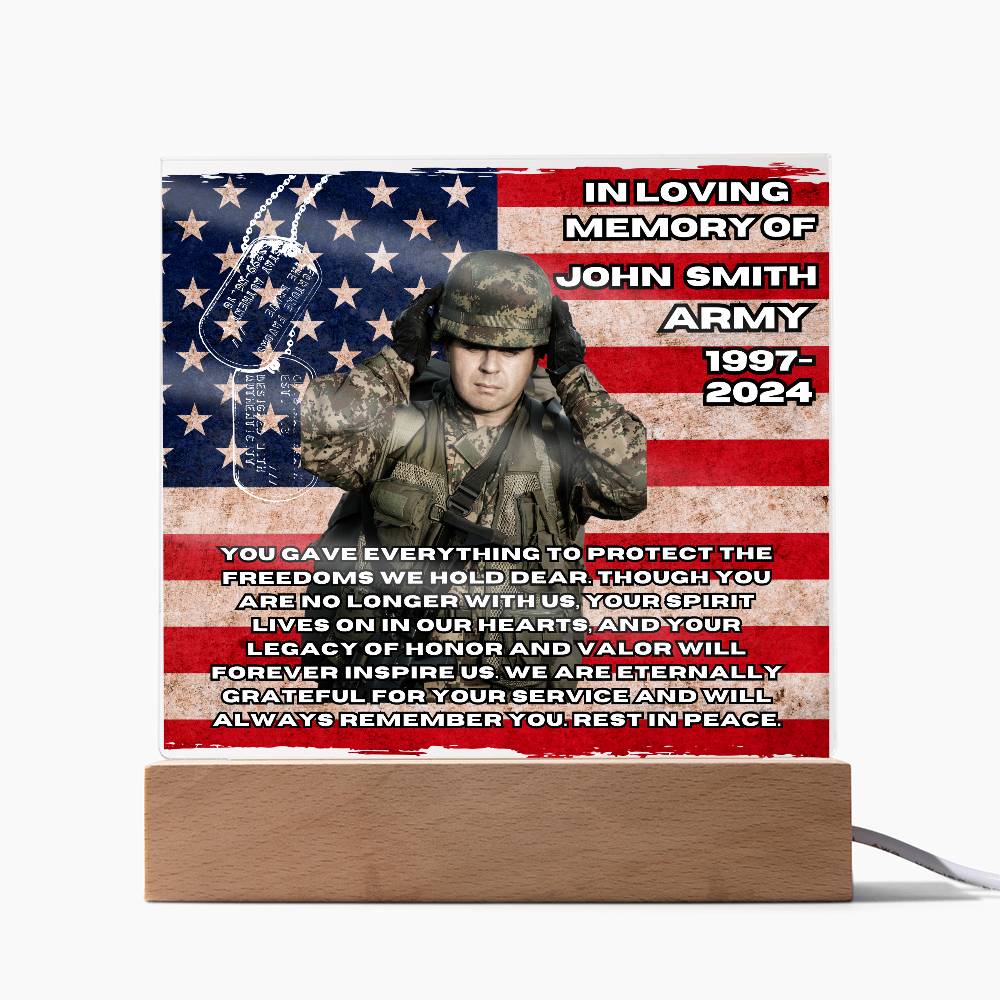 Military Memorial-Personalized this memorial with our LED light Printed Square Acrylic Plaque. 298 - Essential Home Zone Essential Home Zone LED Corded Base Acrylic Plaque Military Memorial-Personalized this memorial with our LED light Printed Square Acrylic Plaque. 298