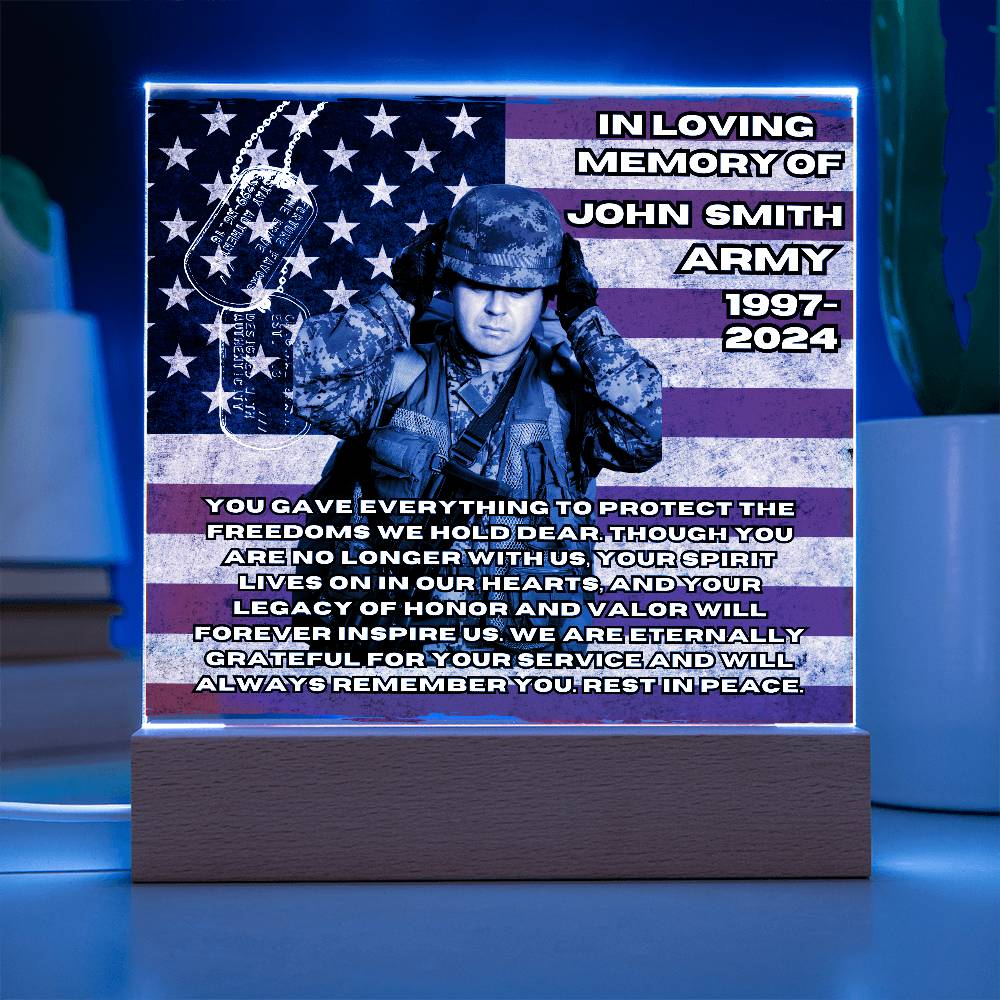 Military Memorial-Personalized this memorial with our LED light Printed Square Acrylic Plaque. 298 - Essential Home Zone Essential Home Zone Acrylic Plaque Military Memorial-Personalized this memorial with our LED light Printed Square Acrylic Plaque. 298