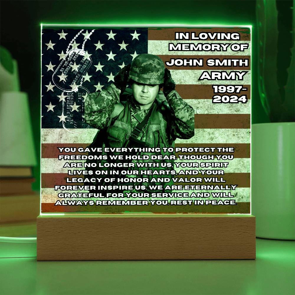 Military Memorial-Personalized this memorial with our LED light Printed Square Acrylic Plaque. 298 - Essential Home Zone Essential Home Zone Acrylic Plaque Military Memorial-Personalized this memorial with our LED light Printed Square Acrylic Plaque. 298