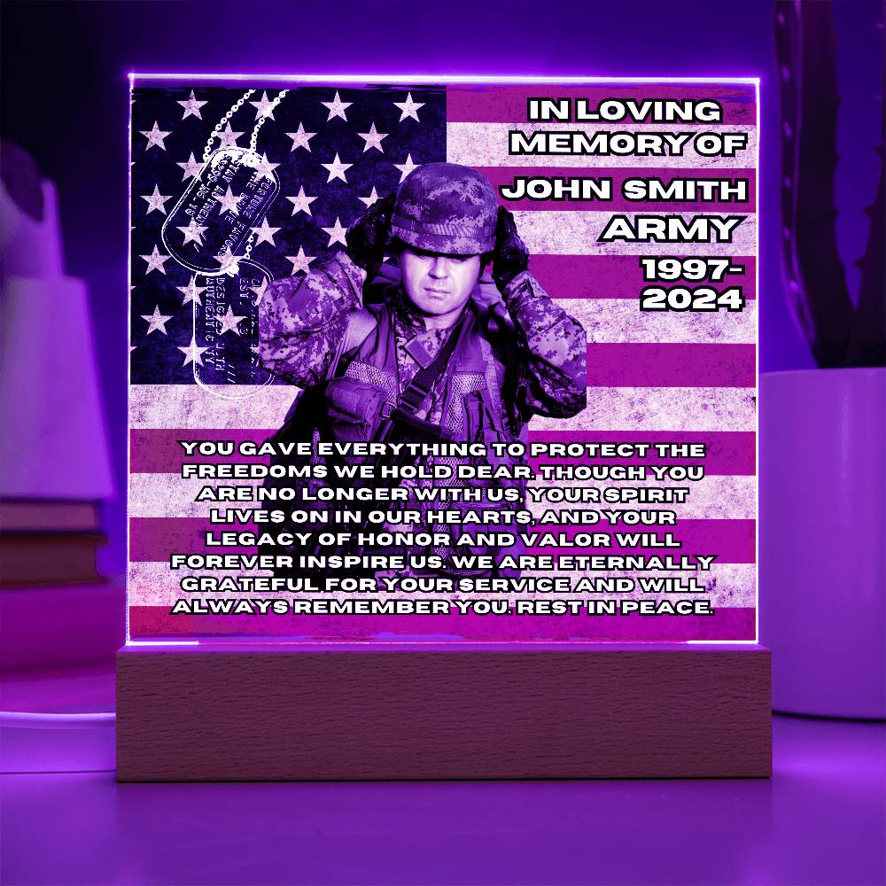 Military Memorial-Personalized this memorial with our LED light Printed Square Acrylic Plaque. 298 - Essential Home Zone Essential Home Zone Acrylic Plaque Military Memorial-Personalized this memorial with our LED light Printed Square Acrylic Plaque. 298