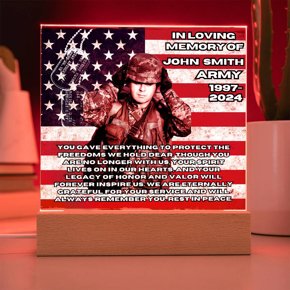 Military Memorial-Personalized this memorial with our LED light Printed Square Acrylic Plaque. 298 - Essential Home Zone Essential Home Zone Acrylic Plaque Military Memorial-Personalized this memorial with our LED light Printed Square Acrylic Plaque. 298