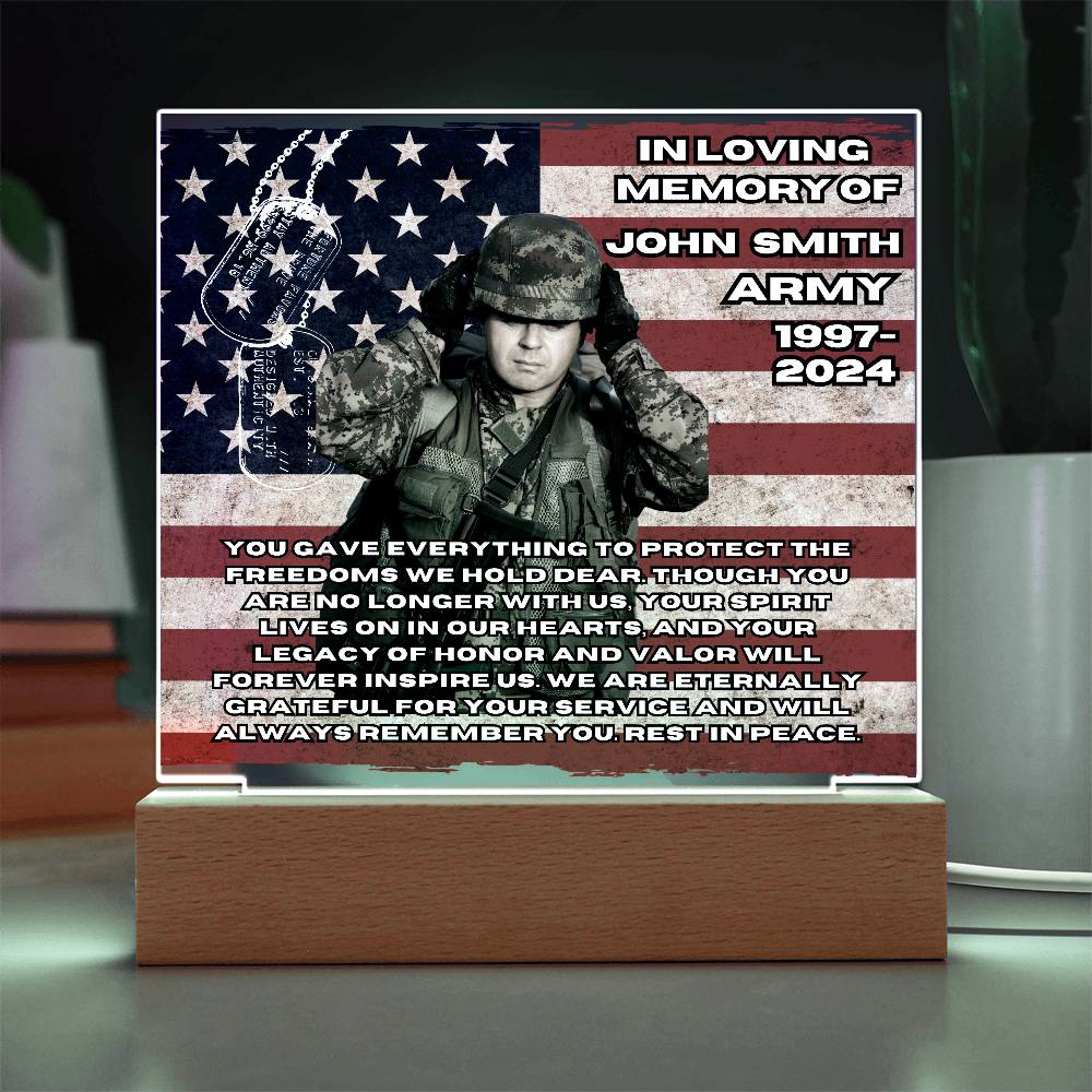 Military Memorial-Personalized this memorial with our LED light Printed Square Acrylic Plaque. 298 - Essential Home Zone Essential Home Zone Acrylic Plaque Military Memorial-Personalized this memorial with our LED light Printed Square Acrylic Plaque. 298