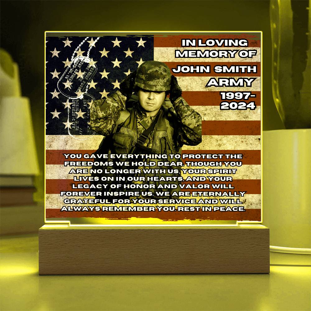 Military Memorial-Personalized this memorial with our LED light Printed Square Acrylic Plaque. 298 - Essential Home Zone Essential Home Zone Acrylic Plaque Military Memorial-Personalized this memorial with our LED light Printed Square Acrylic Plaque. 298