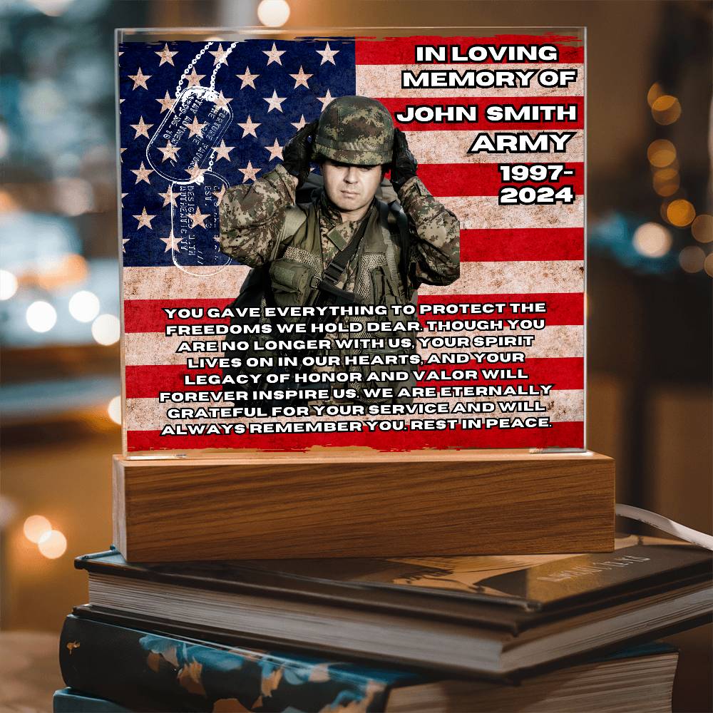 Military Memorial-Personalized this memorial with our LED light Printed Square Acrylic Plaque.S92