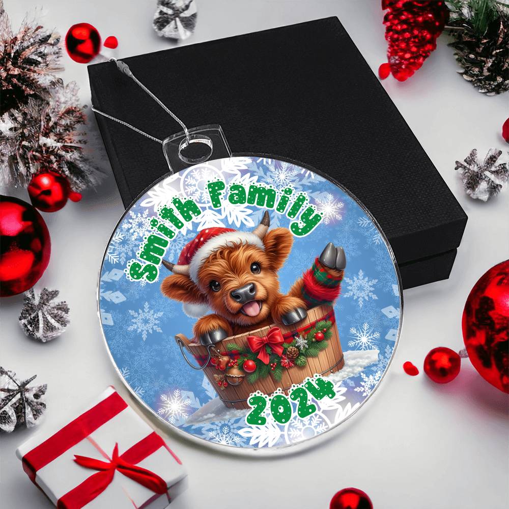 Cute Winter Baby Highland Cow In A Bucket-A unique keepsake with our Personalized Acrylic Ornament,Christmas,Gift 37 - Essential Home Zone Essential Home Zone Ornaments Cute Winter Baby Highland Cow In A Bucket-A unique keepsake with our Personalized Acrylic Ornament,Christmas,Gift 37