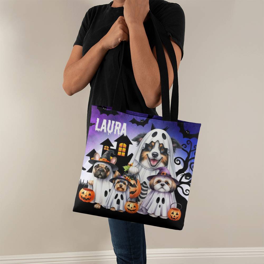 Cute Dog Ghost--Custom Name Halloween Trick or Treat Bag,Kids Halloween Candy Sack,Personalized Halloween Bag,Halloween Canvas Tote for Boy/Girl 17 - Essential Home Zone Essential Home Zone 16" x 16" / Black Tote Bags Cute Dog Ghost--Custom Name Halloween Trick or Treat Bag,Kids Halloween Candy Sack,Personalized Halloween Bag,Halloween Canvas Tote for Boy/Girl 17