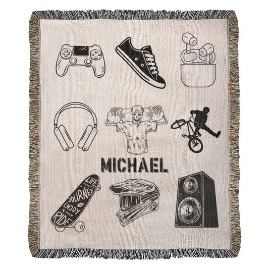 A guy's favorite things-A great gift for your son or any family member-Personalized this unique keepsake with our Heirloom Artwork Woven Blanket 21