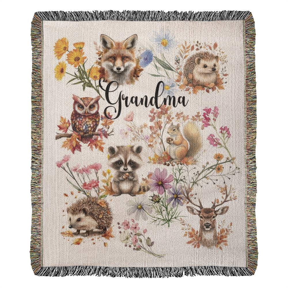 Wild Flowers and Woodland animals- A great gift for Grandma or any family member-Personalized this unique keepsake with our Heirloom Artwork Woven Blanket 25