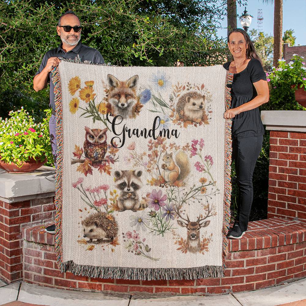 Wild Flowers and Woodland animals- A great gift for Grandma or any family member-Personalized this unique keepsake with our Heirloom Artwork Woven Blanket 25