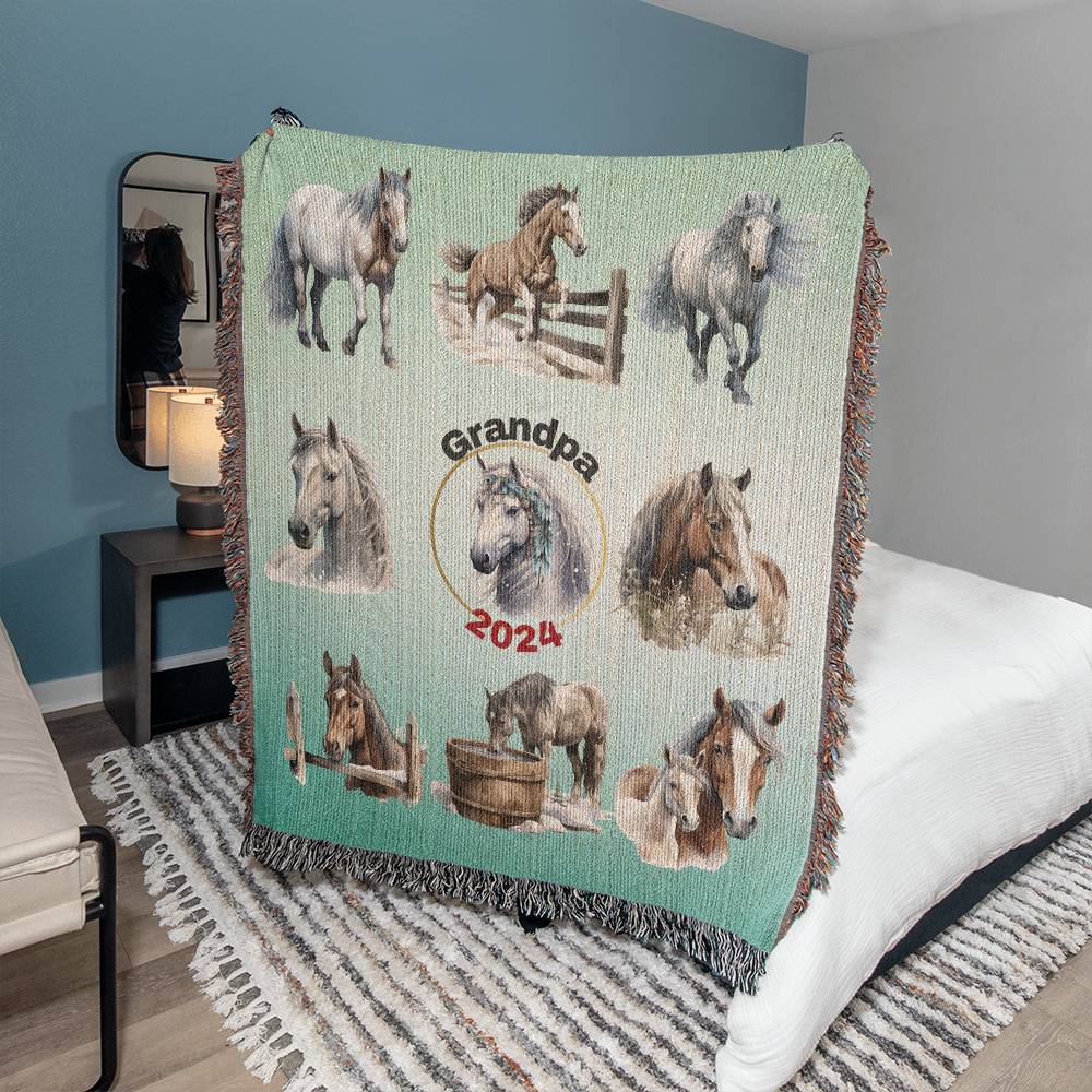 Winter Horses-A great gift for Grandpa or any family member-Personalized this unique keepsake with our Heirloom Artwork Woven Blanket 1