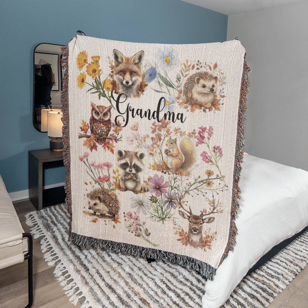 Wild Flowers and Woodland animals- A great gift for Grandma or any family member-Personalized this unique keepsake with our Heirloom Artwork Woven Blanket 25