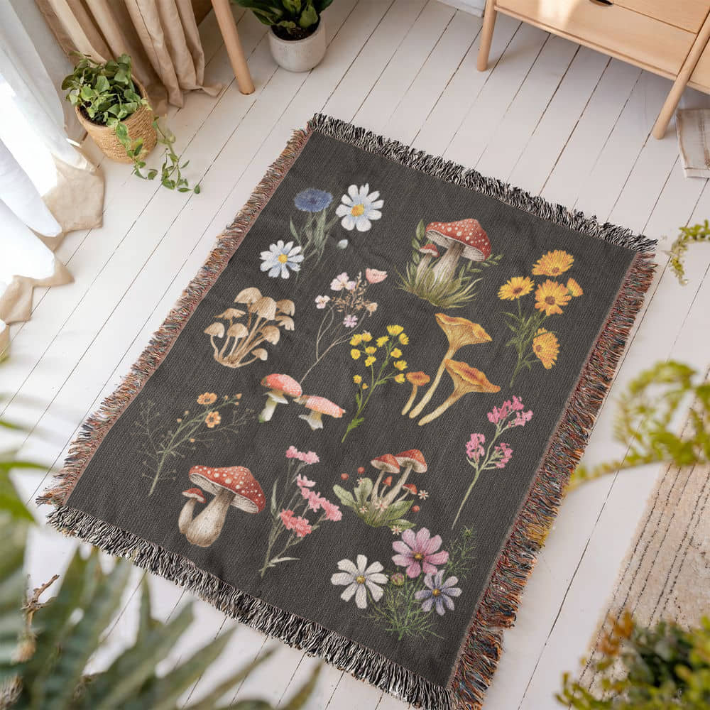 Wildflowers and Mushrooms- A unique keepsake with our Heirloom Artwork Woven Blanket 46