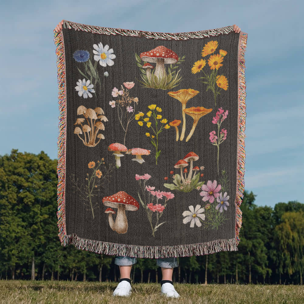 Wildflowers and Mushrooms- A unique keepsake with our Heirloom Artwork Woven Blanket 46