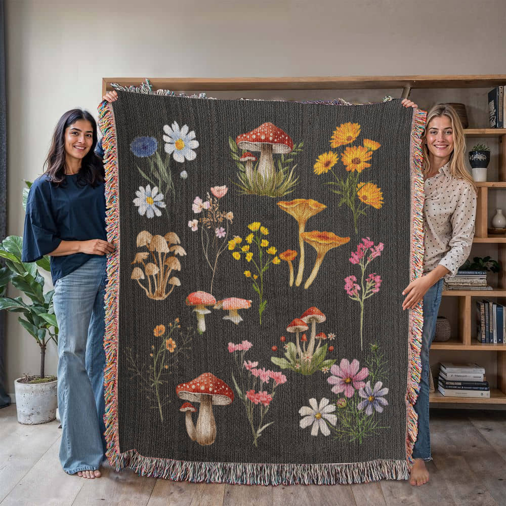 Wildflowers and Mushrooms- A unique keepsake with our Heirloom Artwork Woven Blanket 46