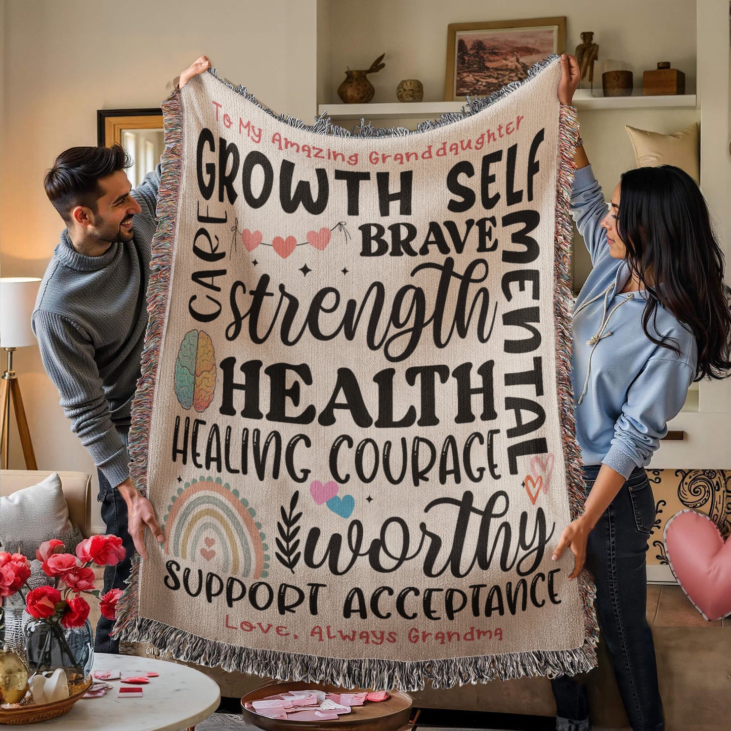 Granddaughter-Self Care-Personalized this unique keepsake with our Heirloom Artwork Woven Blanket