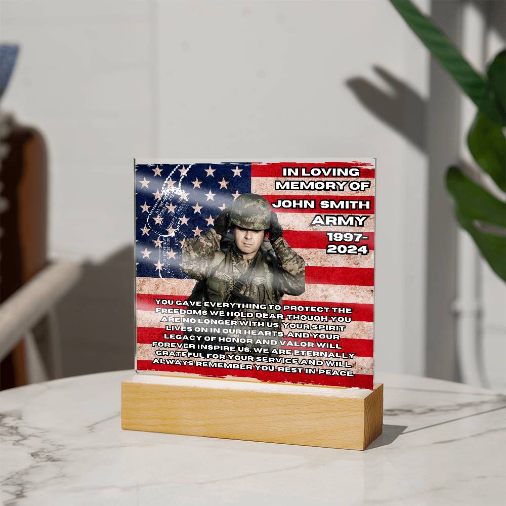 Military Memorial-Personalized this memorial with our LED light Printed Square Acrylic Plaque. 298 - Essential Home Zone Essential Home Zone Acrylic Plaque Military Memorial-Personalized this memorial with our LED light Printed Square Acrylic Plaque. 298