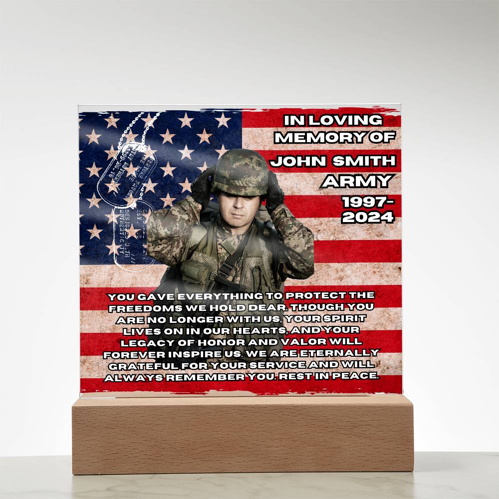 Military Memorial-Personalized this memorial with our LED light Printed Square Acrylic Plaque. 298 - Essential Home Zone Essential Home Zone Battery Powered LED Base Acrylic Plaque Military Memorial-Personalized this memorial with our LED light Printed Square Acrylic Plaque. 298