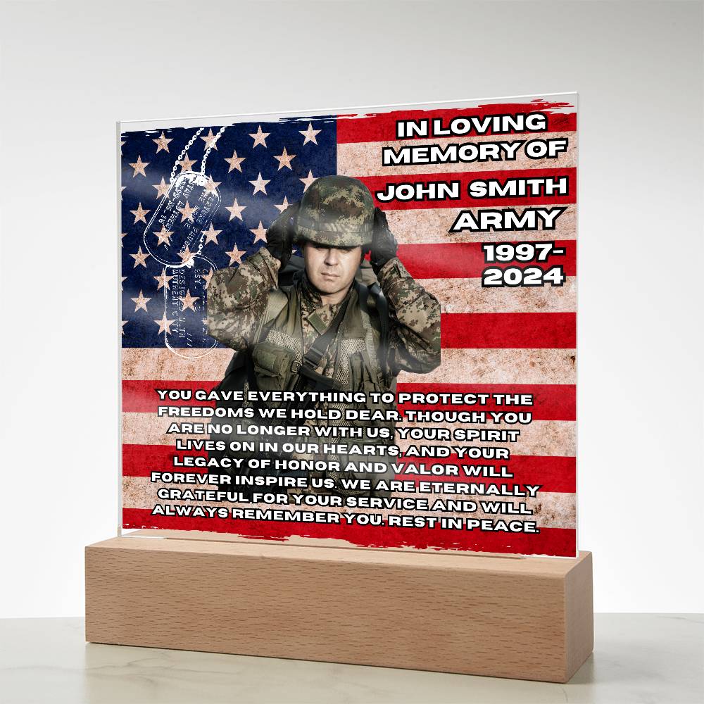 Military Memorial-Personalized this memorial with our LED light Printed Square Acrylic Plaque. 298 - Essential Home Zone Essential Home Zone Acrylic Plaque Military Memorial-Personalized this memorial with our LED light Printed Square Acrylic Plaque. 298