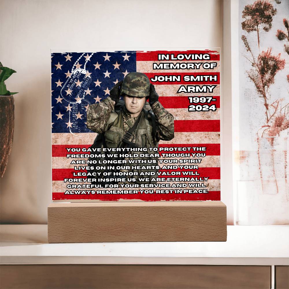 Military Memorial-Personalized this memorial with our LED light Printed Square Acrylic Plaque. 298 - Essential Home Zone Essential Home Zone Acrylic Plaque Military Memorial-Personalized this memorial with our LED light Printed Square Acrylic Plaque. 298