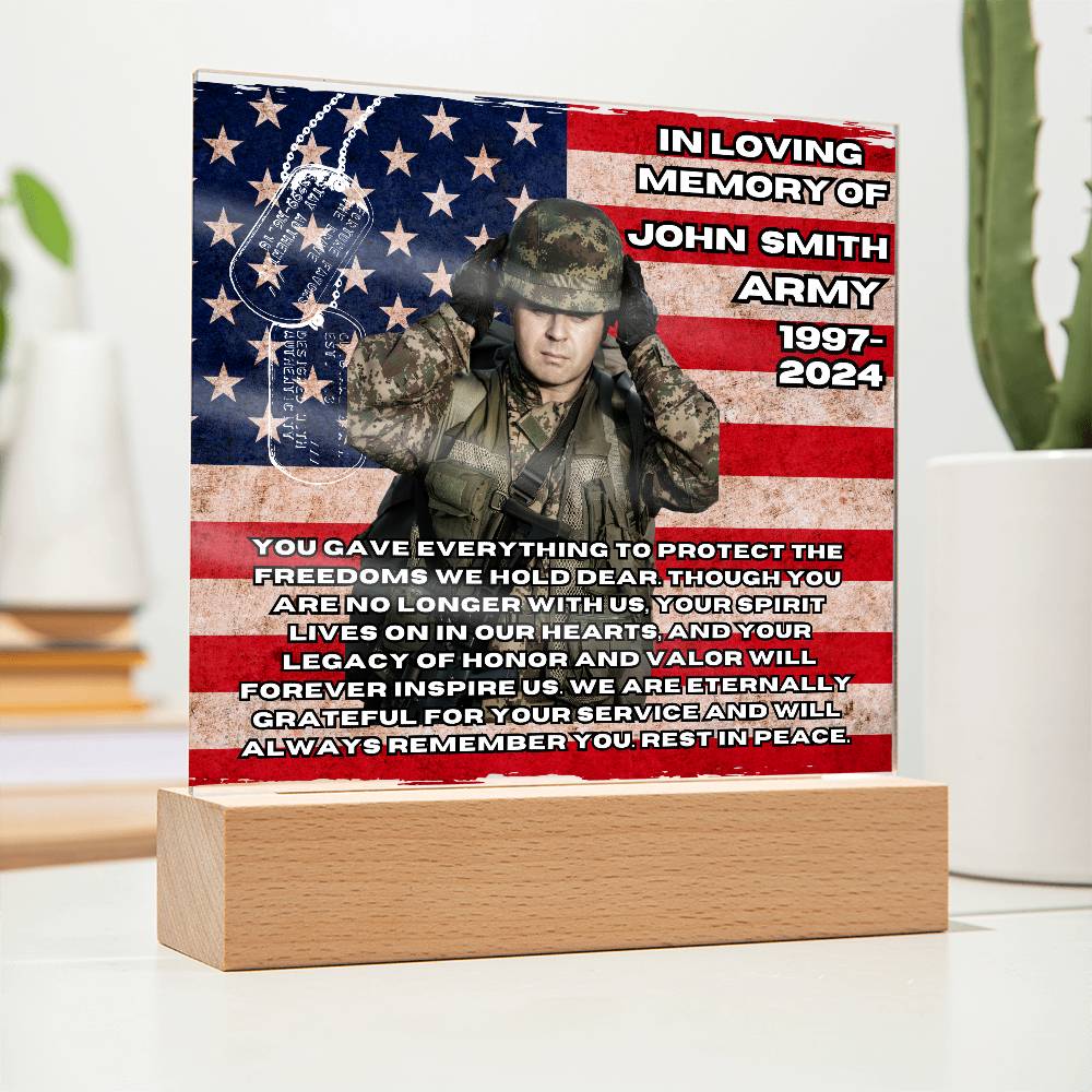 Military Memorial-Personalized this memorial with our LED light Printed Square Acrylic Plaque. 298 - Essential Home Zone Essential Home Zone Acrylic Plaque Military Memorial-Personalized this memorial with our LED light Printed Square Acrylic Plaque. 298