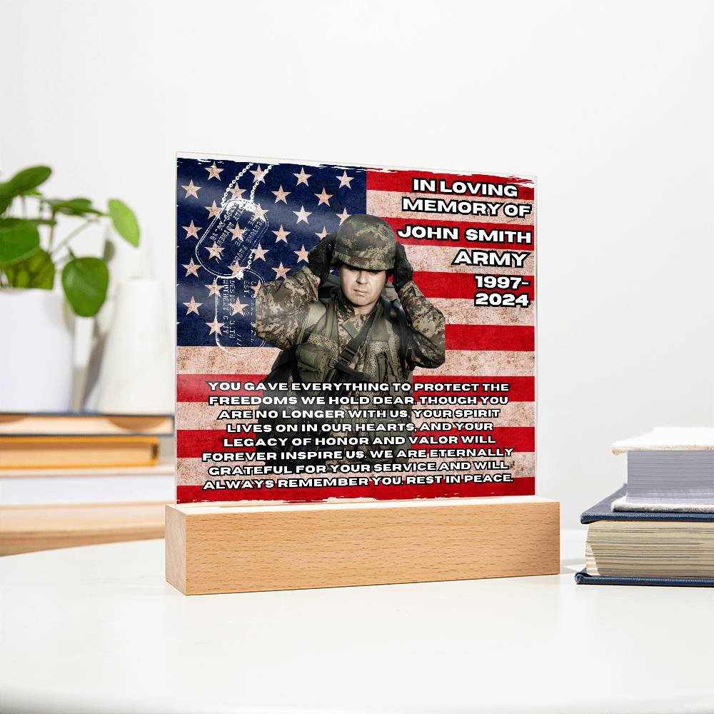 Military Memorial-Personalized this memorial with our LED light Printed Square Acrylic Plaque. 298 - Essential Home Zone Essential Home Zone Acrylic Plaque Military Memorial-Personalized this memorial with our LED light Printed Square Acrylic Plaque. 298