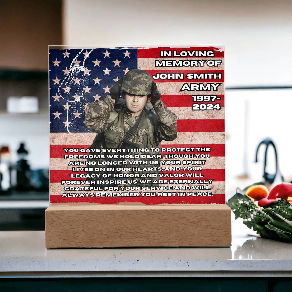 Military Memorial-Personalized this memorial with our LED light Printed Square Acrylic Plaque. 298 - Essential Home Zone Essential Home Zone Acrylic Plaque Military Memorial-Personalized this memorial with our LED light Printed Square Acrylic Plaque. 298