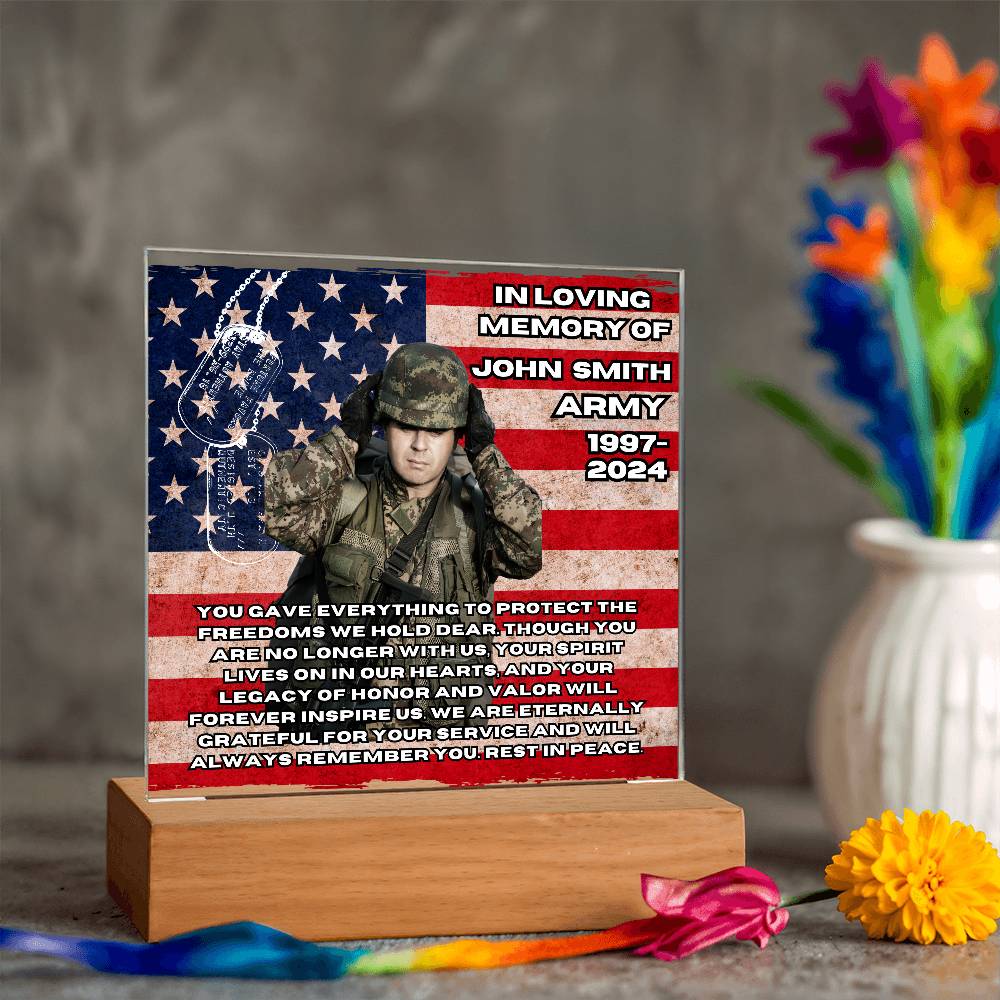 Military Memorial-Personalized this memorial with our LED light Printed Square Acrylic Plaque. 298 - Essential Home Zone Essential Home Zone Acrylic Plaque Military Memorial-Personalized this memorial with our LED light Printed Square Acrylic Plaque. 298