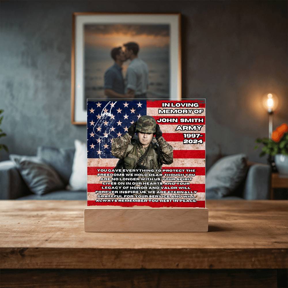 Military Memorial-Personalized this memorial with our LED light Printed Square Acrylic Plaque. 298 - Essential Home Zone Essential Home Zone Acrylic Plaque Military Memorial-Personalized this memorial with our LED light Printed Square Acrylic Plaque. 298