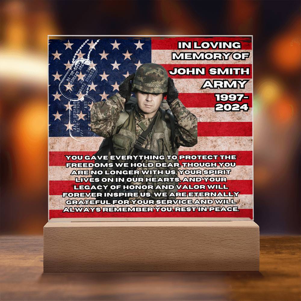 Military Memorial-Personalized this memorial with our LED light Printed Square Acrylic Plaque. 298 - Essential Home Zone Essential Home Zone Acrylic Plaque Military Memorial-Personalized this memorial with our LED light Printed Square Acrylic Plaque. 298