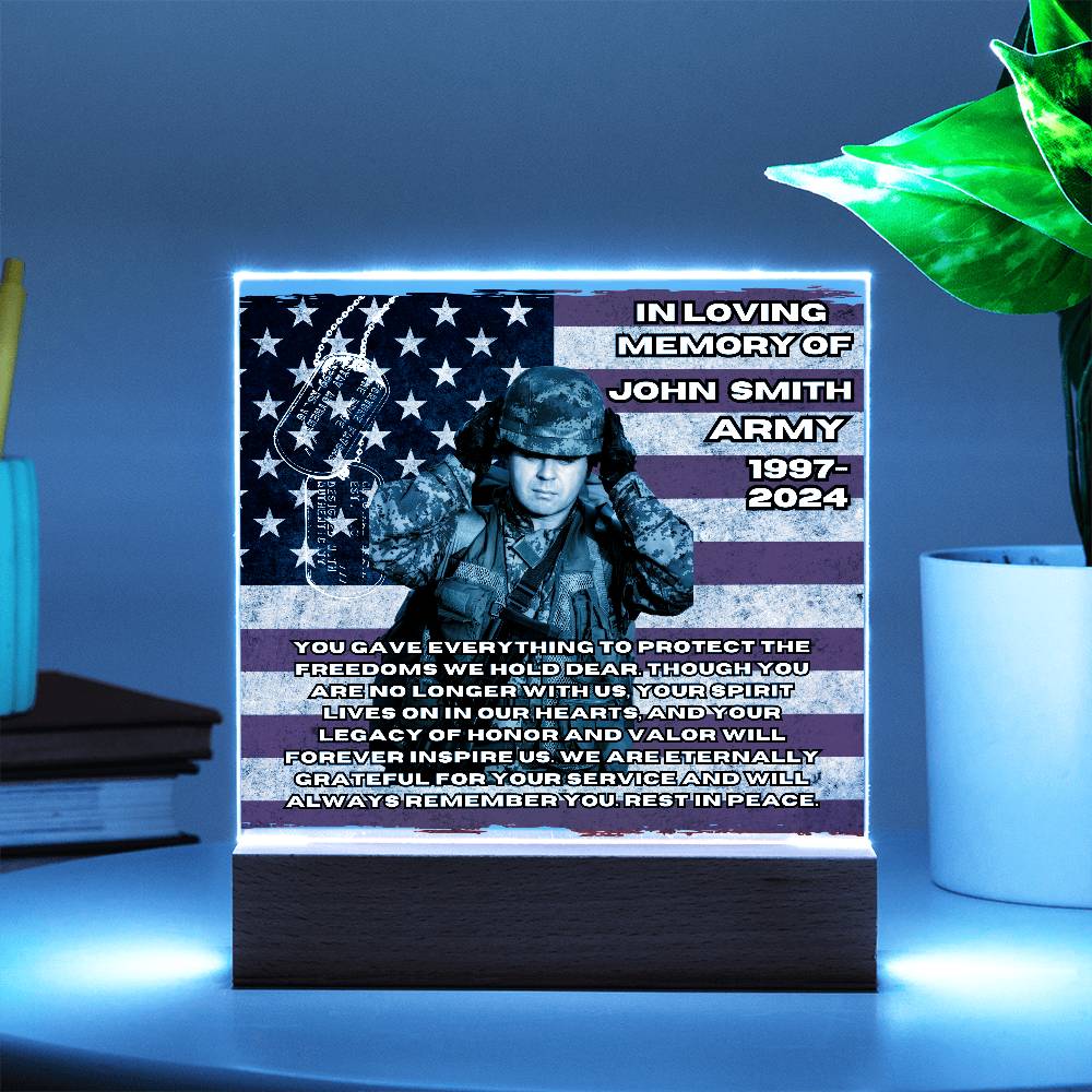 Military Memorial-Personalized this memorial with our LED light Printed Square Acrylic Plaque. 298 - Essential Home Zone Essential Home Zone Acrylic Plaque Military Memorial-Personalized this memorial with our LED light Printed Square Acrylic Plaque. 298